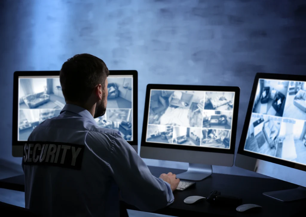 Male security personel reviewing security footage on computer